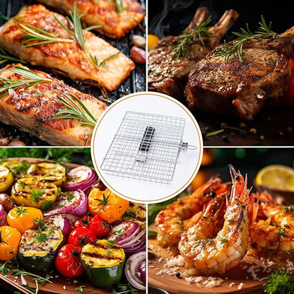 Fish Grill Basket, Folding Stainless Steel Fish Grilling Rack for Grill, Outdoor Camping BBQ Grilling Basket for Fish, Shrimp, Vegetables, Steak & Meat, with Portable Removable Handle, and Carry Bag, Gifts for Men,Dad, Husband