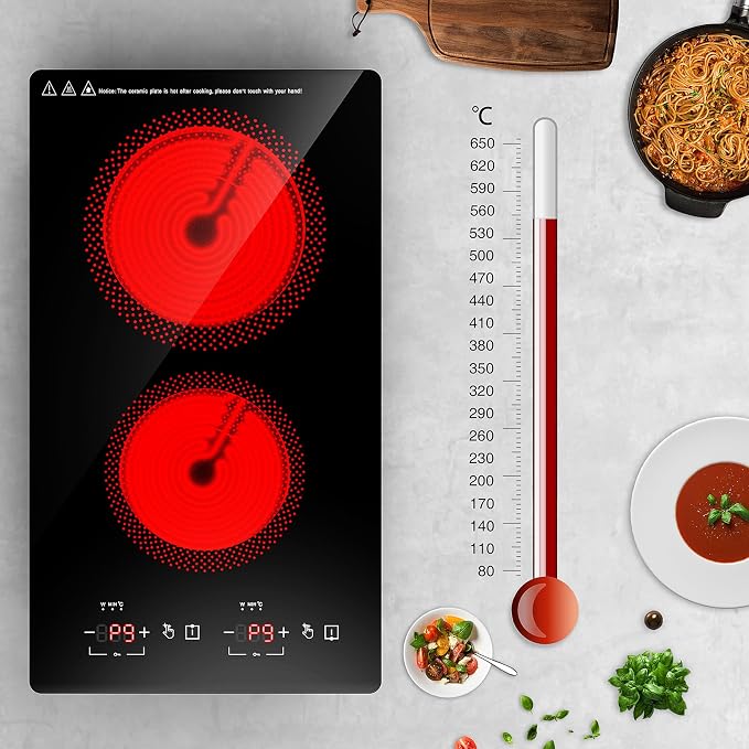 Electric Cooktop 2 Burners 2100W, 110v-120v Electric Stove Top 12 inch, Countertop & Built-in Cooktop, 20 Temperature 9 Power Levels, Child Lock, Timer, Over-Heat Protection