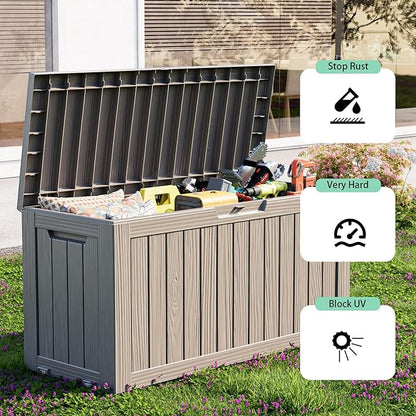 PatioZen 75 Gallon Large Deck Box,Resin Outdoor Storage Box with Lockable for Patio Furniture, Pool Accessories, Garden Tools Waterproof Outside Storage Box, Grey