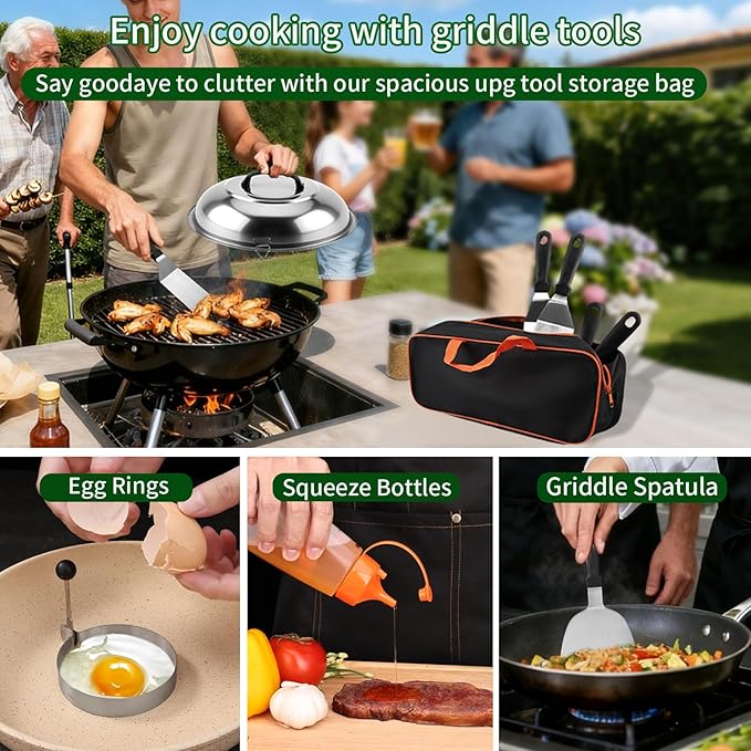 134PCS Griddle Accessories for Blackstone, Premium Stainless Steel Griddle Tool Set with Spatulas, Tongs, Smash Burger Press, Seasoning Bottles, Carry Bag for Camp Chef, Outdoor BBQ