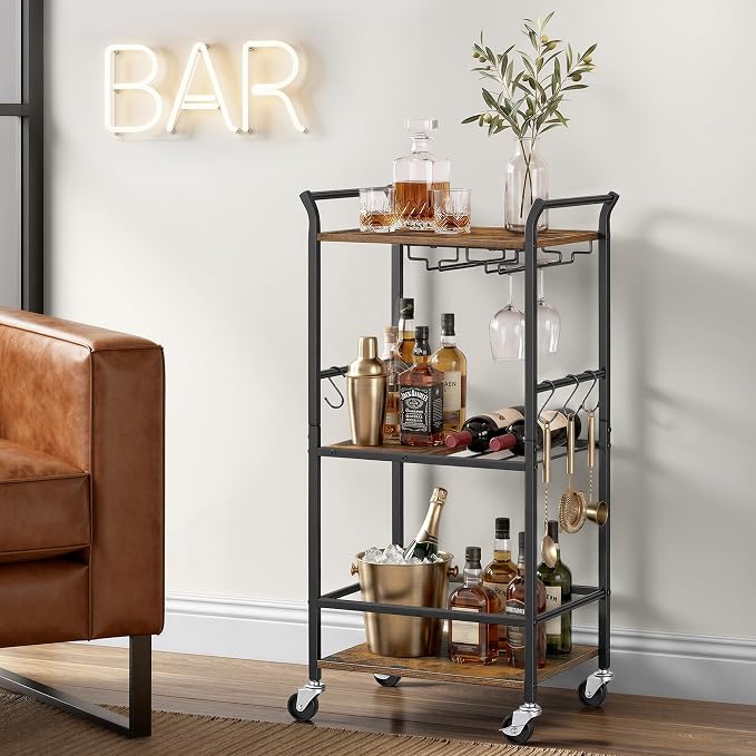 VASAGLE 3-Tier Bar Cart, Steel Serving Cart on Wheels with Wine Rack and Glass Holder, 17.5 x 12.6 x 33.7 Inches, Rustic Brown, for Kitchen and Living Room, Barnet Collection ULRC190K101