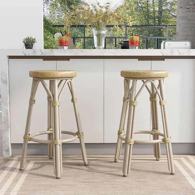 Seadrift Boho 26-inch Aluminum and All-Weather Wicker Barstools with Footrest, Patio Stools & Bar Chairs for Outdoor, Kitchen Counter, Poolside, Yard, Set of 2, Natural