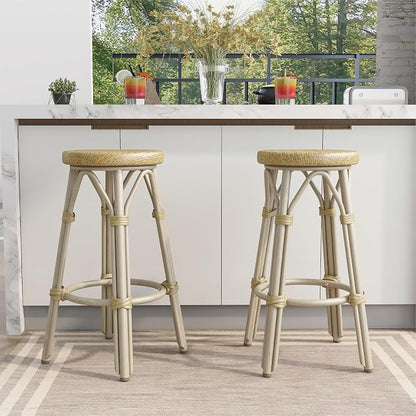 Seadrift Boho 26-inch Aluminum and All-Weather Wicker Barstools with Footrest, Patio Stools & Bar Chairs for Outdoor, Kitchen Counter, Poolside, Yard, Set of 2, Natural