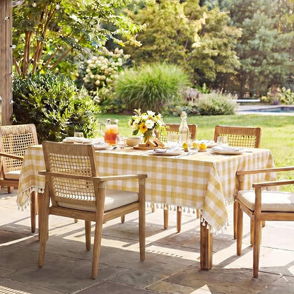 Softalker Checkered Tablecloth Rectangle, Outdoor Linen Cotton Gingham Table Cloth with Tassel, Heavy Duty Wrinkle Free Buffalo Plaid Table Cover for Kitchen Dining Home Party - 55 x 120 Inch, Yellow