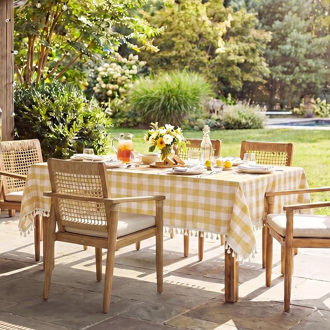 Softalker Checkered Tablecloth Rectangle, Outdoor Linen Cotton Gingham Table Cloth with Tassel, Heavy Duty Wrinkle Free Buffalo Plaid Table Cover for Kitchen Dining Summer Party - 55 x 84 Inch, Yellow