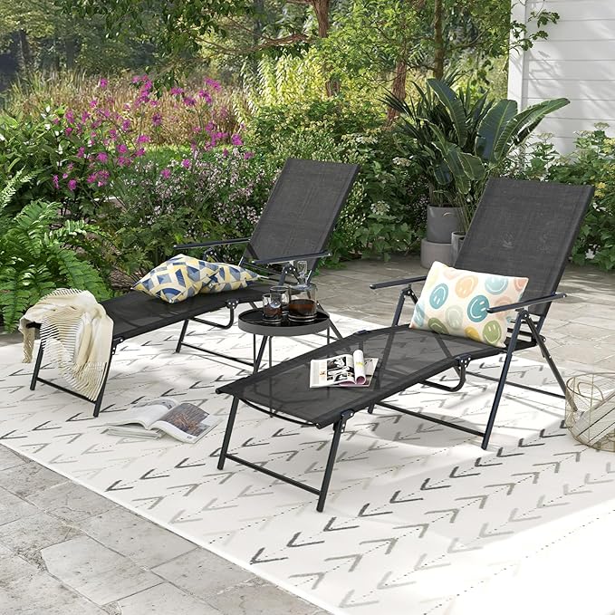 Giantex Lounge Chair Outdoor Set of 2 - Tanning Chair with 6 Adjustable Backrest, 2-Level Footrest, Folding Sunbathing Lounger for Patio, Poolside, Yard, Chaise Lounge Chair, Beach Chair (Black)