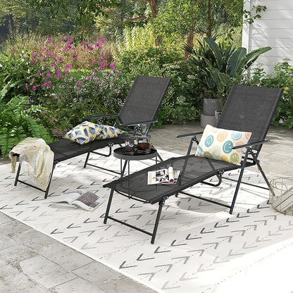 Giantex Lounge Chair Outdoor Set of 2 - Tanning Chair with 6 Adjustable Backrest, 2-Level Footrest, Folding Sunbathing Lounger for Patio, Poolside, Yard, Chaise Lounge Chair, Beach Chair (Black)