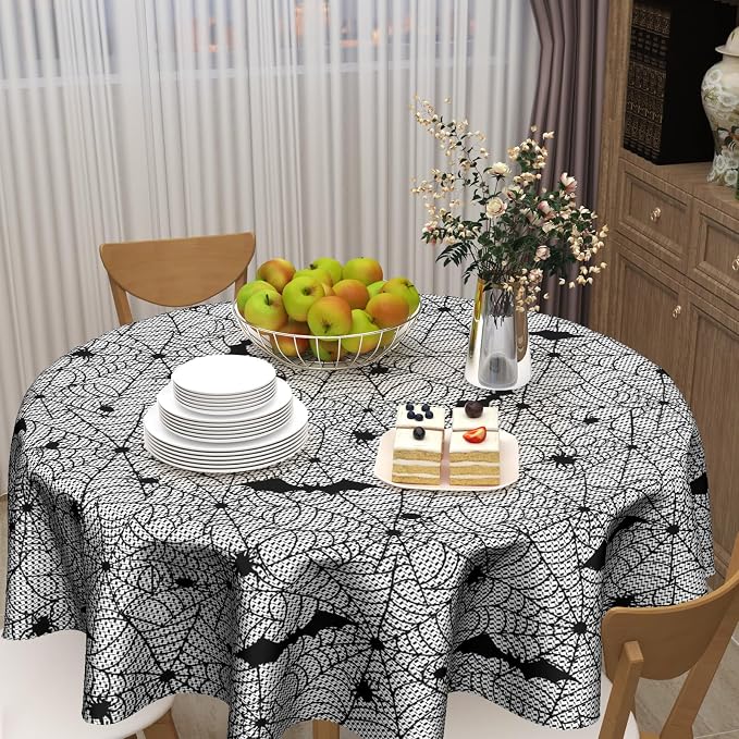 Sweetshow Halloween Bat Table Cloth Round Black and White Spider Web Tablecloth 60 Inch Decor Washable Stain and Wrinkle Resistant Round Table Cover for Dining Party Picnic