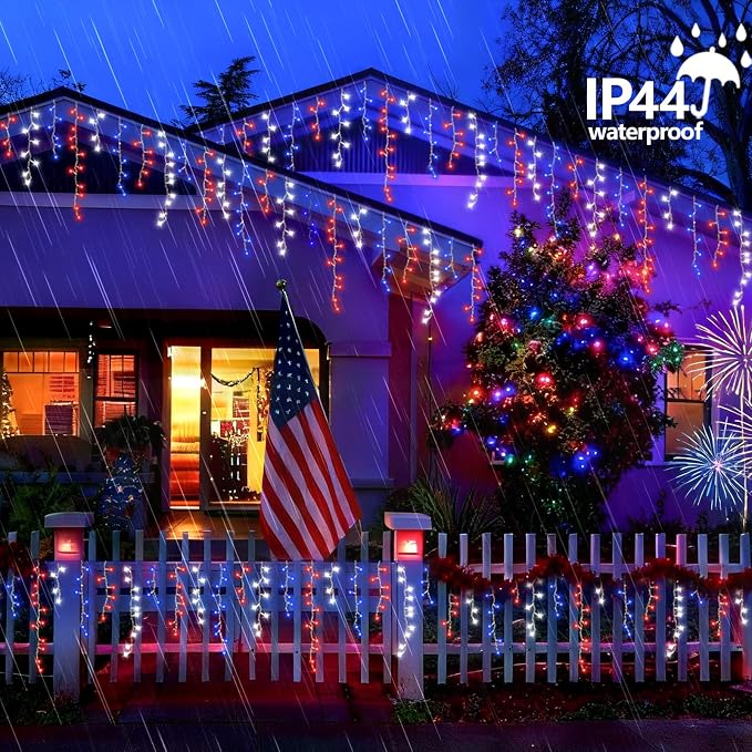 YEGUO 33ft 400 LED Red White and Blue Icicle Lights, 80 Drops 4th of July Icicle Lights for Outside Connectable, 8 Modes Clear Wire Independence Day String Light Indoor with Memory