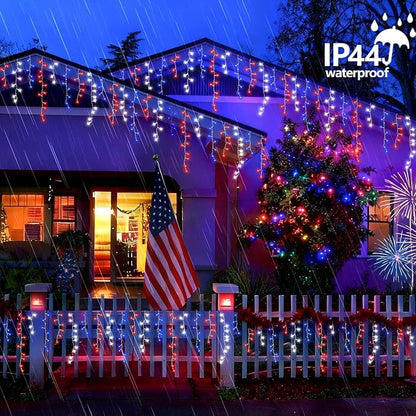 YEGUO 33ft 400 LED Red White and Blue Icicle Lights, 80 Drops 4th of July Icicle Lights for Outside Connectable, 8 Modes Clear Wire Independence Day String Light Indoor with Memory