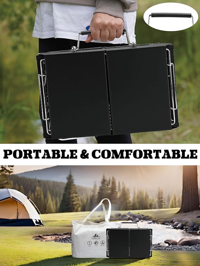 Charmline 14x9inch Small Foldable Portable Charcoal Grill, Charcoal Grills for Camping, Picnics, Gardens and Beach Parties, Black, With 32x20in Fireproof Mat
