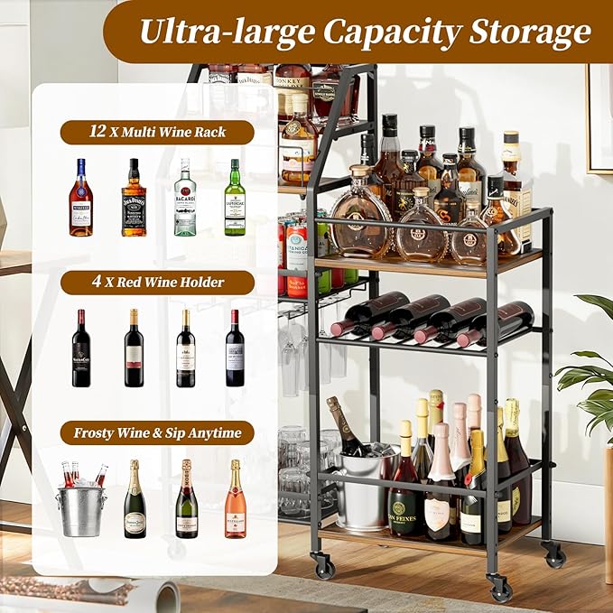 VINAEMO Rolling Bar Cart with Wine Glass Holder, Bar Carts for The Home, Bar Stand for Home, Small Mini Bar for Whiskey Wine, Liquor Cart for Home Bar, Alcohol Cabinet for Bar, Kitchen, Dining Room
