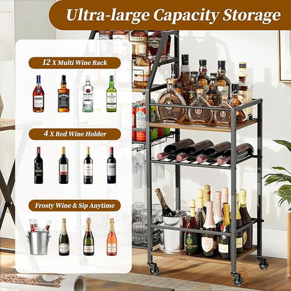 VINAEMO Rolling Bar Cart with Wine Glass Holder, Bar Carts for The Home, Bar Stand for Home, Small Mini Bar for Whiskey Wine, Liquor Cart for Home Bar, Alcohol Cabinet for Bar, Kitchen, Dining Room