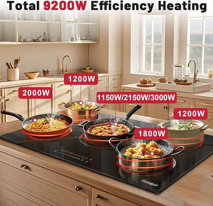 36 Inch Electric Cooktop - Built-in(34.25"x19.3") 36 Inch Electrical Stove 240V, 9200W Five Burner Ceramic Cooktop, Slide-Touch Control, Timer, Safety Lock, Electric Stovetop, 220V Hard Wired