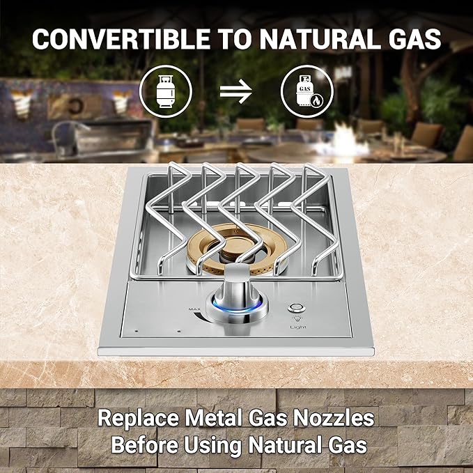 17,500BTU Liquid Propane Side Burner, Single Grilling Side Burners for Outdoor Kitchen, Convertible to Natural Gas, Duty Heavy 304 Stainless Steel, Drop-in Side Burner for Outdoor BBQ Grill Island