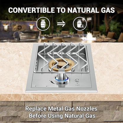 17,500BTU Liquid Propane Side Burner, Single Grilling Side Burners for Outdoor Kitchen, Convertible to Natural Gas, Duty Heavy 304 Stainless Steel, Drop-in Side Burner for Outdoor BBQ Grill Island