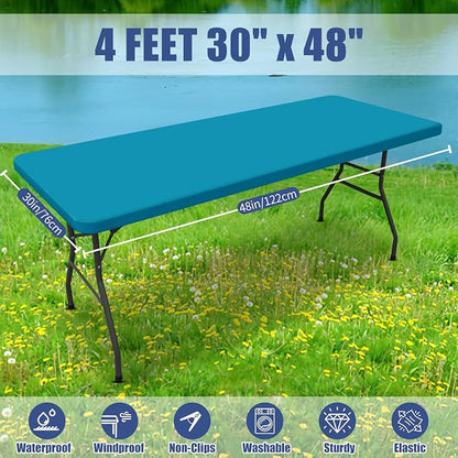 Moosfor Spandex 4 Foot Rectangle Table Cloth, Elastic Fitted Tablecloths for Picnic, Stretch Washable Patio Table Cover for Outdoor, Camping, Banquet and Parties (Turquoise, 30"x48")