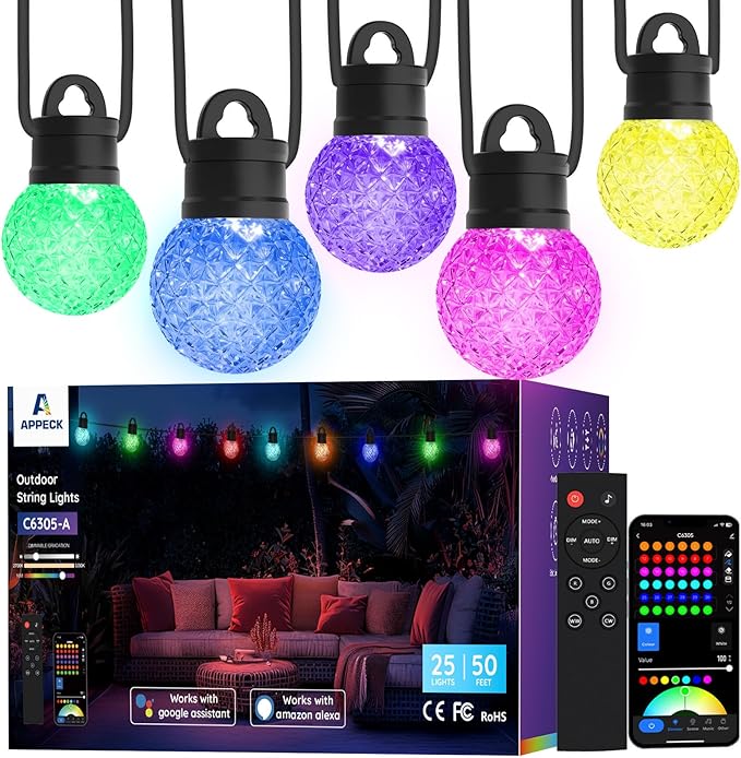 Smart Outdoor String Lights 50ft, RGBW Patio Light with 25 LED Bulbs | IP65 Waterproof, 111 Scene Modes, Dimmable Warm White, Individual Control, Outdoor Patio Lights Compatible with Alexa, Google