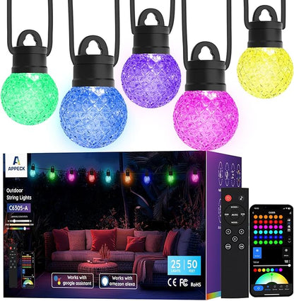 Smart Outdoor String Lights 50ft, RGBW Patio Light with 25 LED Bulbs | IP65 Waterproof, 111 Scene Modes, Dimmable Warm White, Individual Control, Outdoor Patio Lights Compatible with Alexa, Google