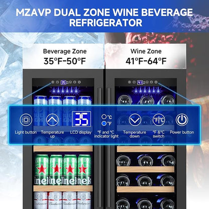 30 Inch Wine and Beverage Refrigerator, Dual Zone 30" Wine Fridge Under Counter/Freestanding, 30 Inch Wide Beverage Cooler with Glass Door, Holds 30 Bottles & 110 Cans for Home Bar Office, Black