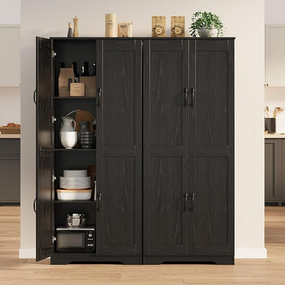 IDEALHOUSE 60" Tall Pantry Cabinet | Kitchen Storage Cabinet with 2 Doors & Adjustable Shelves, Wooden Cupboard for Bathroom，Dining Room, Living Room, Black
