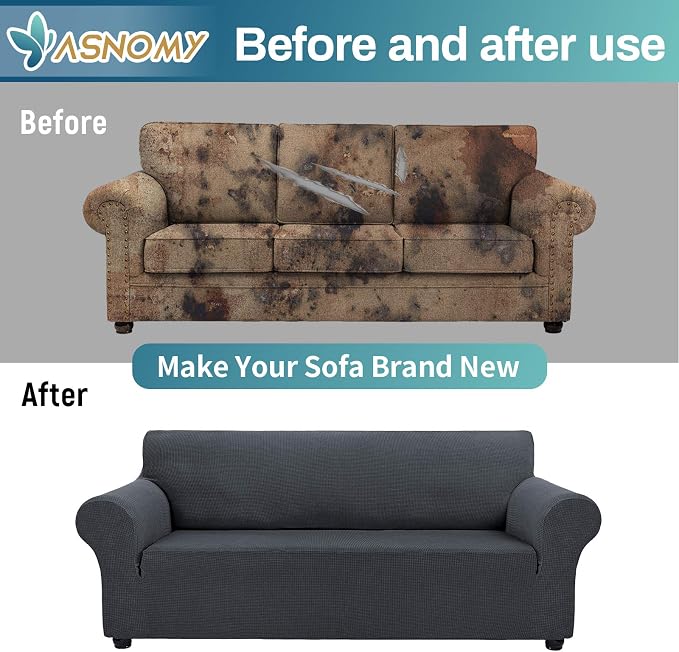 Asnomy Stretch Oversized Couch Covers for Sofa Slipcover,Charcoal Ash | 1-Piece Sofa Covers Washable(94"-110") 4-Seater Furniture Protector with Non Skid Foam and Elastic Bottom for Kids, Pets