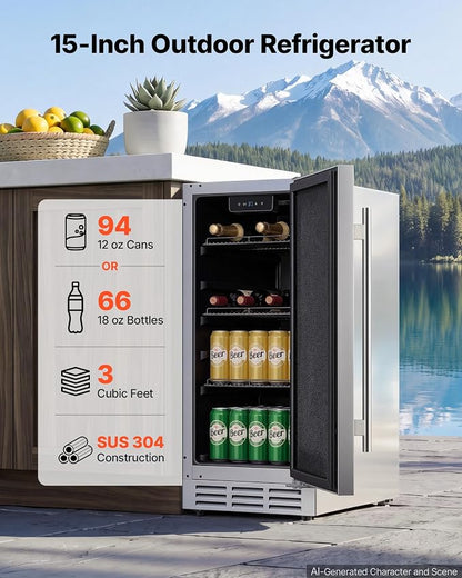 VEVOR Outdoor Beverage Refrigerator, 15 Inch Undercounter Drink Fridge | 304 Stainless Steel Body, 3.0 Cu. Ft, Hold 94 Cans, Powerful Cooling System, Built-in / Freestand Cooler, Home Bar & Patio