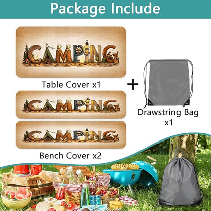 3PCS Vintage Camping Picnic Table Cover with Bench Covers & Storage Bag, 30x96 Inch Rustic Retro Camping Themed Waterproof Fitted Outdoor Patio Tablecloth with Elastic Edges for Campsite RV Backyard