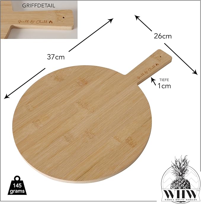 Chill and Grill Cutting Board, Paddle Shaped, Bamboo, Embellished Handle, Usable on Both Sides, Over 1 Foot Long, 14.5 x 10.25 Inches