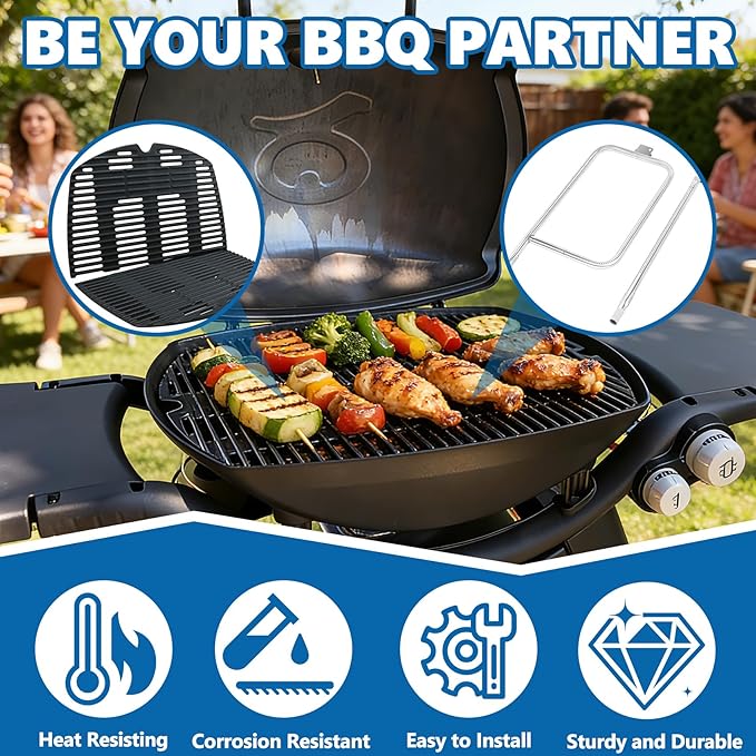 SafBbcue 7584 25" Cast Iron Cooking Grates & 65032 23.75" Grill Burner for Wber Q300 320 3000 3200 57060001 586002 Grills, Baby Q Grill Grids & Grates and Grill Burner Tube Kit for Weber 7646 & 65032