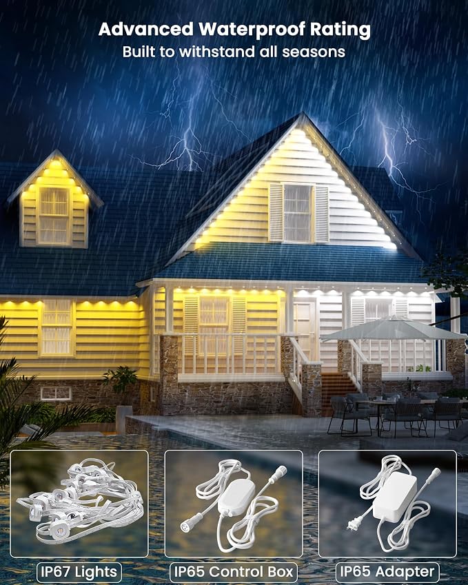 Gefolly Permanent Outdoor Lights Pro, 150ft, 90 RGBW Light, 111 Scene Modes | Double-LED for Daily, Halloween, Christmas, IP67 Waterproof for Outdoor Decor, Works with Alexa, Google Assistant, White