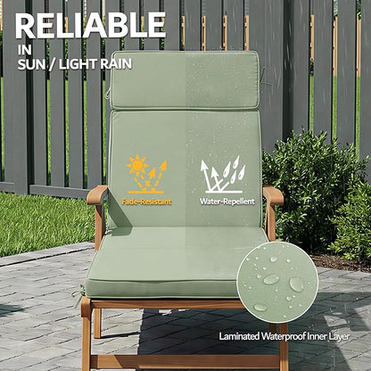 72 x 21 Inch Outdoor Chaise Lounge Cushions Set of 4 - Removable Cover, 4-Section Design, Water-Repellent & Fade-Resistant, 6 Tie Straps, Replacement for Patio & Pool Chairs - Sage Green