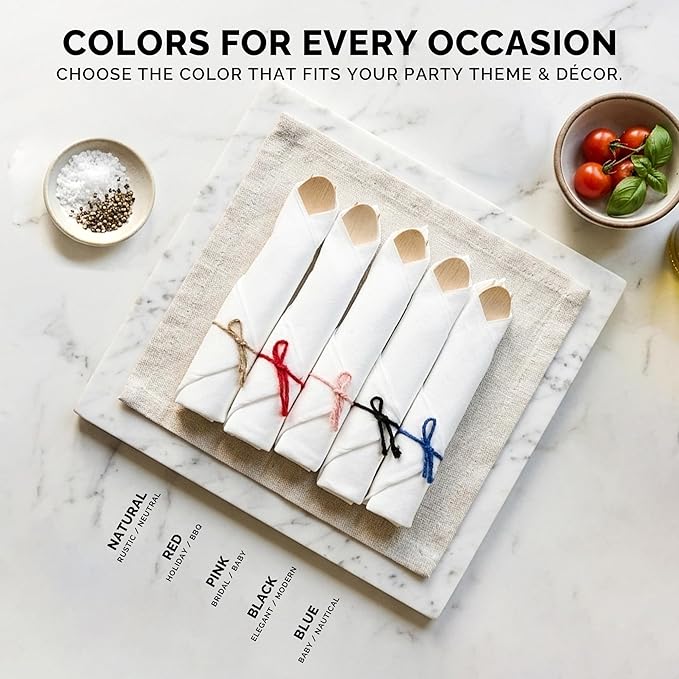 Prerolled Disposable Bamboo Cutlery Set – 25 Pack Pre Wrapped Silverware and Napkin Bundle with Forks, Knives, Spoons for Parties, Weddings, Events, and BBQ (Pink String)