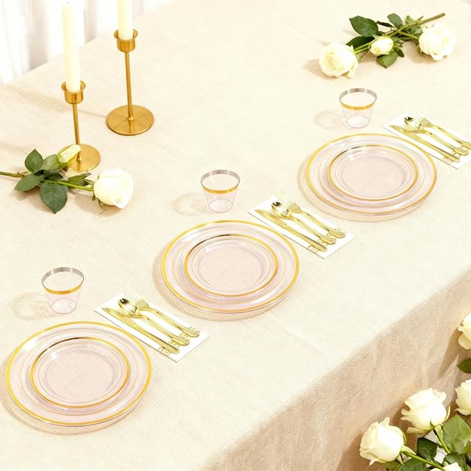 AIRE 350PCS Pink Gold Plastic Plates for Party Dinnerware Sets for 50 Guests, Disposable Plastic Party Supplies Plates, Cups, Spoons, Forks, Knives, Napkins for Wedding Birthday BBQ Christmas Parties