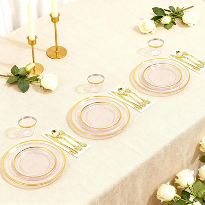 AIRE 350PCS Pink Gold Plastic Plates for Party Dinnerware Sets for 50 Guests, Disposable Plastic Party Supplies Plates, Cups, Spoons, Forks, Knives, Napkins for Wedding Birthday BBQ Christmas Parties