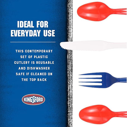 Kingsford Assorted Plastic Cutlery Set, Full Size Disposable Forks Knives & Spoons, Heavy Duty Reusable Dishwasher Safe Utensils for BBQ, Picnics, Parties & Daily Meals, Red White Blue, 75 Count