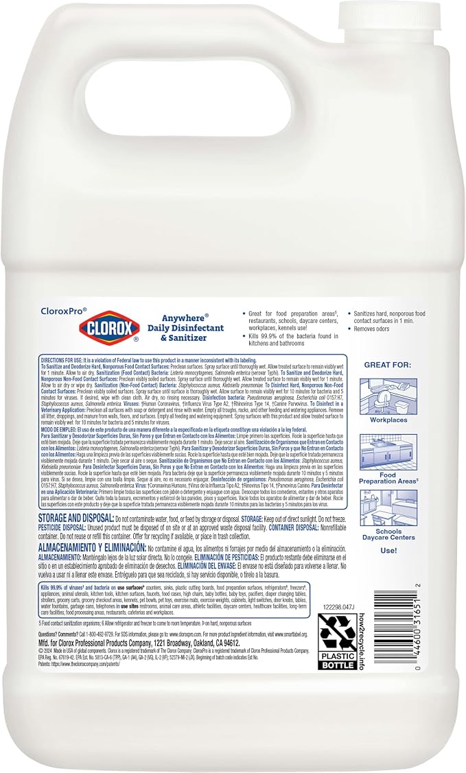 CloroxPro Anywhere Daily Disinfectant and Sanitizer, No-Rinse Food Contact Sanitizer, Refill, 128 Fluid Ounces