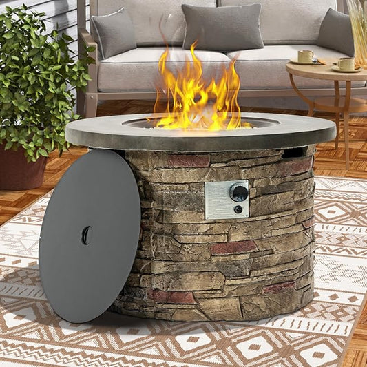 36" Propane Gas Fire Pit Table, 50,000 BTU Round Outdoor Concrete Fire Pit with Stainless Steel Burner, Pulse Ignition, Hidden Tank Storage & Lid, Optional Natural Gas Conversion for Patio, Garden