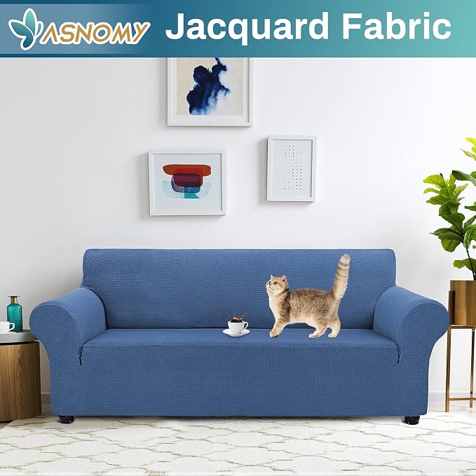 Asnomy Stretch Couch Covers for Sofa Washable, 3 Cushion Couch,River Blue | 1-Piece Sofa Covers(78"-94") 3-Seater Furniture Protector Soft Jacquard,Non-Slip Elastic Bottom For Dogs & Kids