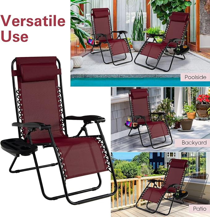Goplus Zero Gravity Lounge Chairs, 160°Adjustable Folding Recliner w/Pillow and Cup Holder, 350LBS Comfy Outdoor Lounge Chairs for Patio, Lawn, Yard & Camp(1, Wine)