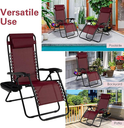 Goplus Zero Gravity Lounge Chairs, 160°Adjustable Folding Recliner w/Pillow and Cup Holder, 350LBS Comfy Outdoor Lounge Chairs for Patio, Lawn, Yard & Camp(1, Wine)
