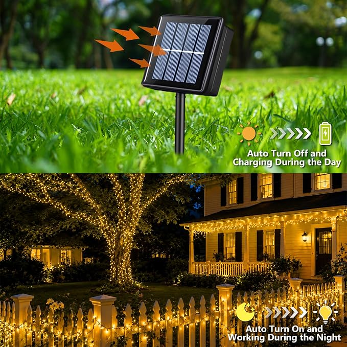 YEGUO Solar String Lights Outdoor Waterproof, 2 Packs Each 33ft 100 LED Warm White Lights, 8 Modes Twinkle Light for Christmas Tree Outside Garden Yard Xmas Decor