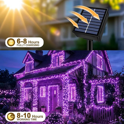 Solar String Lights 2 Pack Total 66FT 200LED Solar Fairy Lights Outdoor Waterproof 8 Lighting Modes Twinkle Lights for Patio, Garden Yard Party Wedding Tree Christmas Halloween Decoration, Purple
