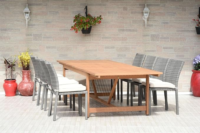 Amazonia Jefferson 9-Piece Patio Extendable Dining Table Set | Light Grey Wicker Chairs with Cushion | Ideal for Outdoors and Indoors