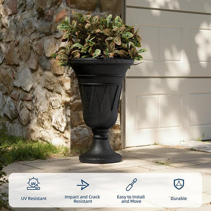 24" Tall Urn Planters for Outdoor Plants, Urns and Pedestal, Black | Resin HDPE Weather-Resistant Material, Vintage Trophy Design Outdoor Planters with Drainage Holes, Flower Pot/Vase/Porch Door
