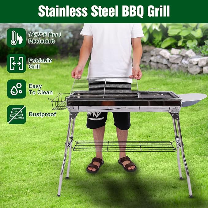 IMOUNTEK Portable Charcoal Grill, Foldable BBQ Grill, Barbecue Grill, Hibachi Grill Outdoor, Kabob Grill, Stainless Steel Charcoal Grill for Camping, Picnic, Patio, Travel, Silver, SKJ001