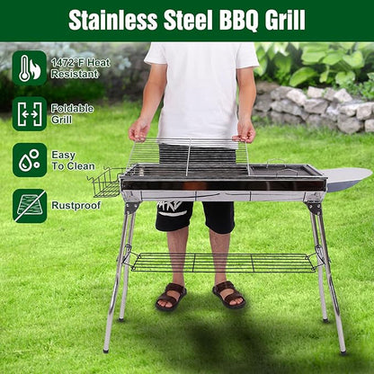 IMOUNTEK Portable Charcoal Grill, Foldable BBQ Grill, Barbecue Grill, Hibachi Grill Outdoor, Kabob Grill, Stainless Steel Charcoal Grill for Camping, Picnic, Patio, Travel, Silver, SKJ001