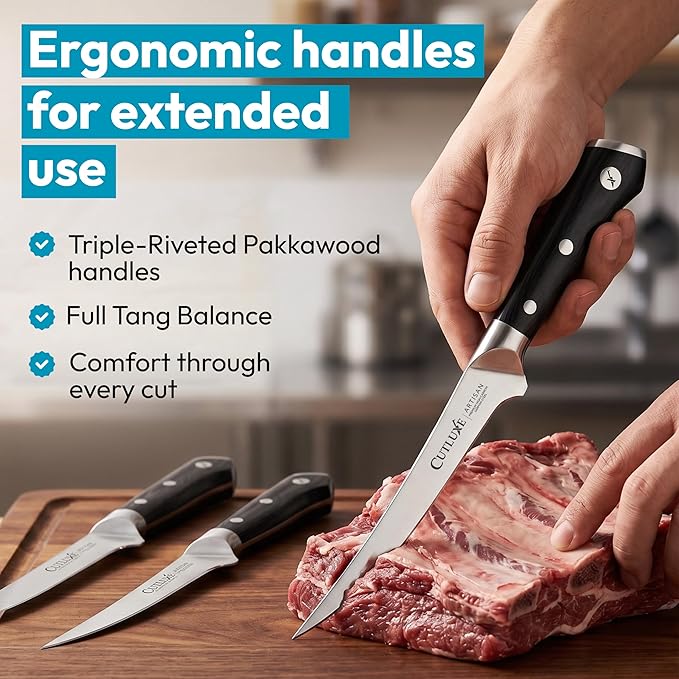 Cutluxe 3-Piece Boning Knife Set – 6" Razor-Sharp Straight, Curved & Flexible Blades, Fillet knife for Fish & Meat Cutting – High Carbon German Steel – Full-Tang Ergonomic Handles – Artisan Series