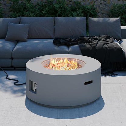 32 inch Round Propane Fire Table, 50,000 BTU Gas FirePit, Patio Fire Pit Table with Steel Lid, Rain Cover, 10ft Propane Hose, Lava Rocks, Grey