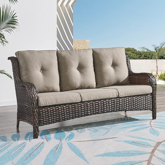 Rilyson Outdoor Patio Wicker Sofa, 900Lbs Weight Capacity Large 3 Seater Wicker Patio Couch with 4in Seat Cushions and Deep Seating, All Weather for Backyard, Garden, Poolside (Brown/Grey)